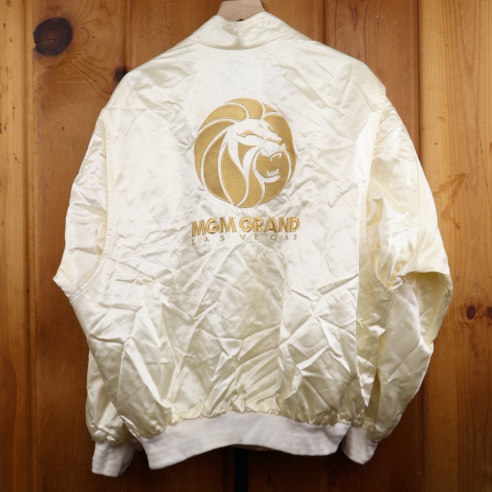 Vintage 90s MGM Grand Las Vegas Cream Colored Satin Bomber Jacket XL
